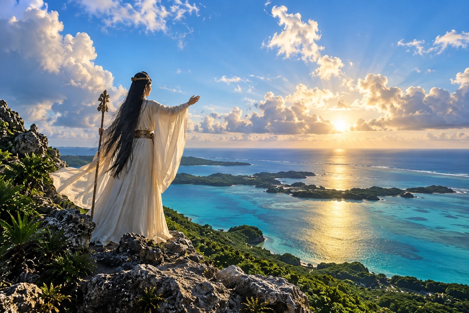 海を見下ろす高台から、東の海と昇る朝日を望む情景のイメージ